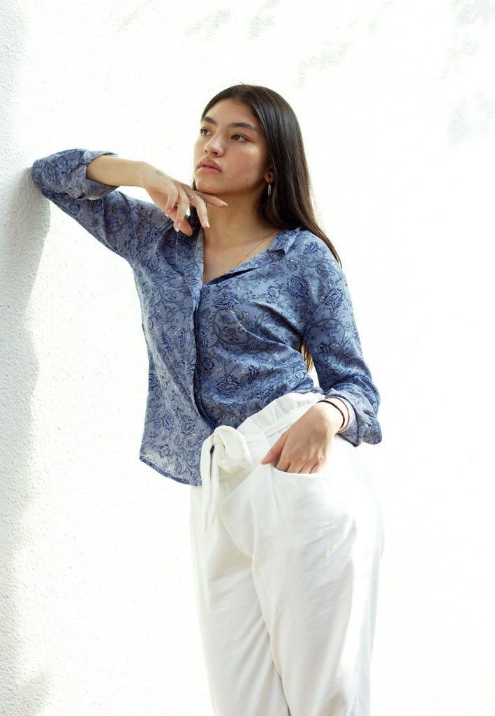 Aanya Hong Kong Women's Bohemian Blue Floral Printed Long Sleeve Shirt
