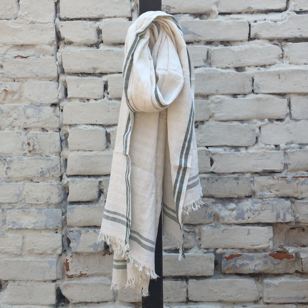 Handloom White Towel: Olive Green
