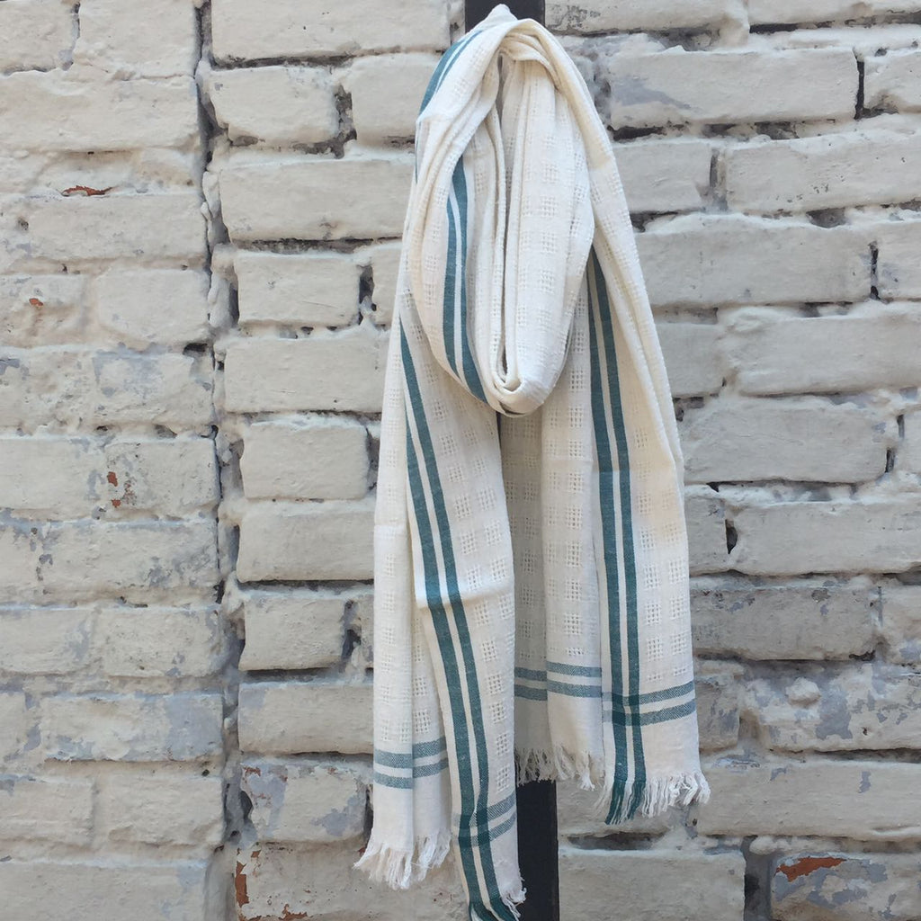 Handloom White Towel: Petrol Blue
