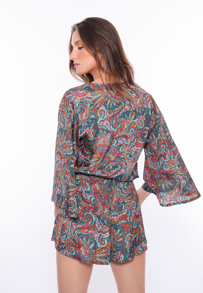 Sleeved Jumpsuit | Forest Green Paisley